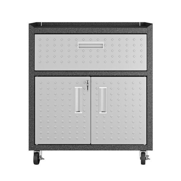 Manhattan Comfort Fortress Textured Metal 31.5" Garage Mobile Cabinet with 1 Full Extension Drawer and 2 Adjustable Shelves in Grey