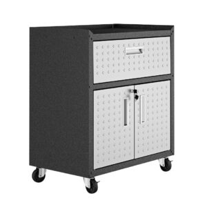 Manhattan Comfort Fortress Textured Metal 31.5" Garage Mobile Cabinet with 1 Full Extension Drawer and 2 Adjustable Shelves in Grey