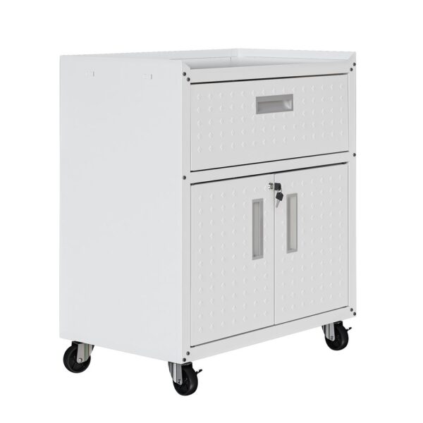 Manhattan Comfort Fortress Textured Metal 31.5" Garage Mobile Cabinet with 1 Full Extension Drawer and 2 Adjustable Shelves in White