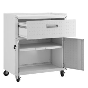 Manhattan Comfort Fortress Textured Metal 31.5" Garage Mobile Cabinet with 1 Full Extension Drawer and 2 Adjustable Shelves in White