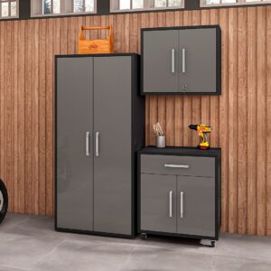 Manhattan Comfort Eiffel 3-Piece Storage Garage Set in Matte Black and Grey