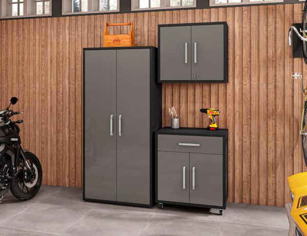 Manhattan Comfort Eiffel 3-Piece Storage Garage Set in Matte Black and Grey