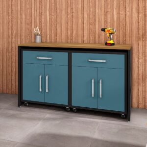 Manhattan Comfort Eiffel Garage Work Station Set of 3 in Matte Black and Aqua Blue