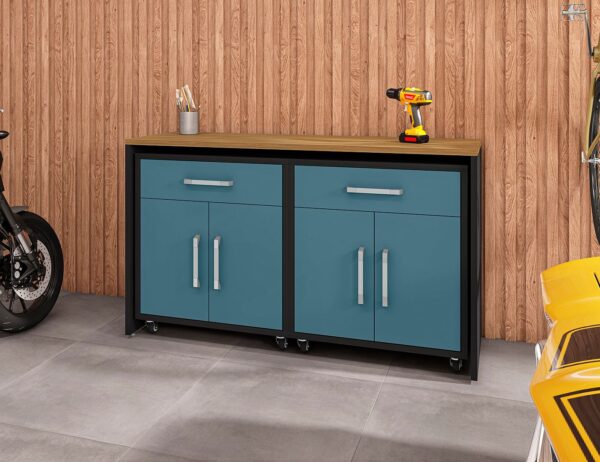 Manhattan Comfort Eiffel Garage Work Station Set of 3 in Matte Black and Aqua Blue