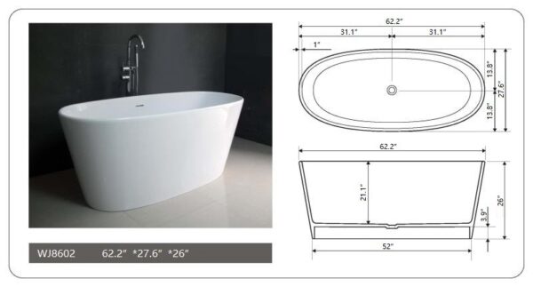 Legion Furniture WJ8602-W 62.2 Inch White Matte Solid Surface Tub, No Faucet