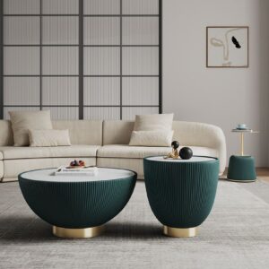 Manhattan Comfort Modern Anderson Coffee Table, End Table 1.0, and End Table 2.0 Upholstered in Green Leatherette with Ceramic Faux Tabletop and Gold Metal Tabletop- Set of 3