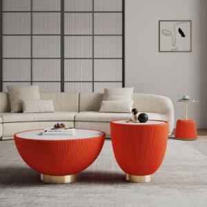 Manhattan Comfort Modern Anderson Coffee Table, End Table 1.0, and End Table 2.0 Upholstered in Orange Leatherette with Ceramic Faux Tabletop and Gold Metal Tabletop- Set of 3