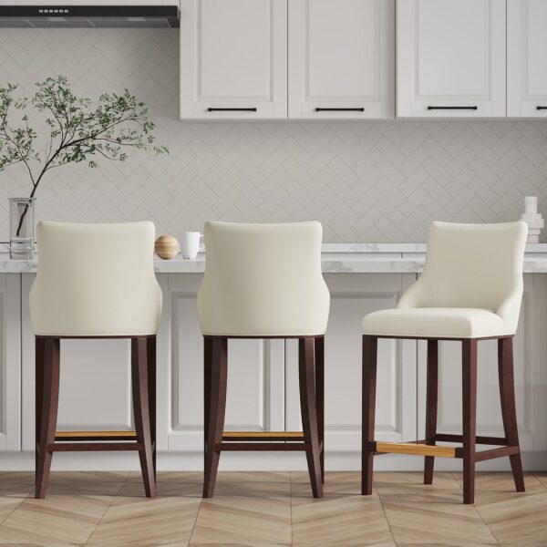 Manhattan Comfort Modern Shubert Barstool Upholstered in Ivory Leatherette with Beech Wood Legs - Set of 3