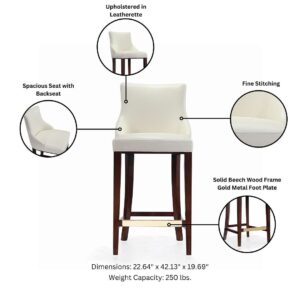 Manhattan Comfort Modern Shubert Barstool Upholstered in Ivory Leatherette with Beech Wood Legs - Set of 3