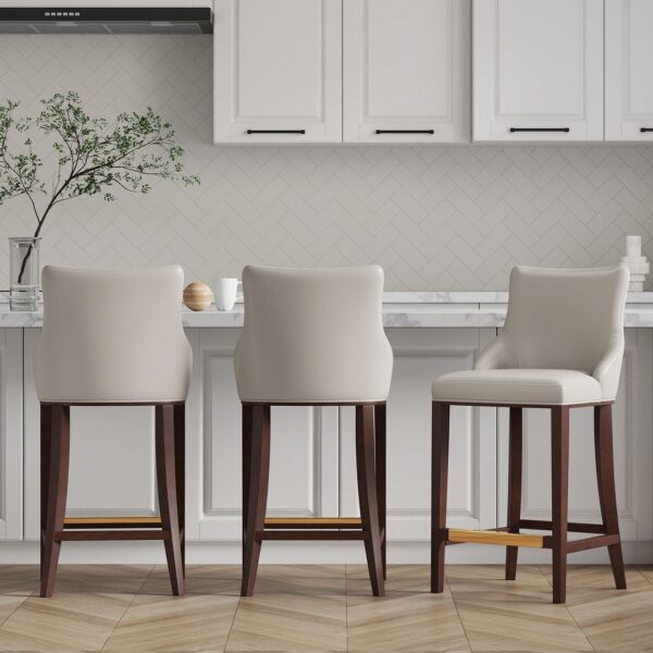 Manhattan Comfort Modern Shubert Barstool Upholstered in Light Grey Leatherette with Beech Wood Legs - Set of 3