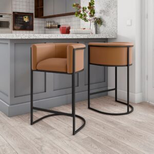 Manhattan Comfort Cosmopolitan 33.8 in. Camel and Black Metal Counter Height Bar Stool (Set of 3)