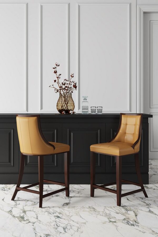 Manhattan Comfort Fifth Ave 39.5 in. Camel and Dark Walnut Beech Wood Counter Height Bar Stool (Set of 3)