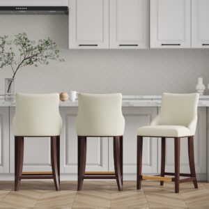 Manhattan Comfort Modern Shubert Counter Stool Upholstered in Ivory Leatherette with Beech Wood Legs - Set of 3