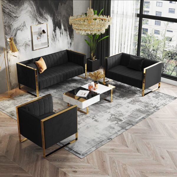 Manhattan Comfort Trillium 3-Piece Black and Gold Sofa, Loveseat and Armchair