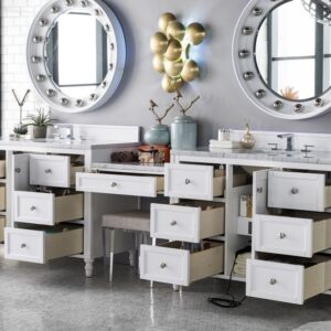 James Martin 301-V122-BW-DU-3CAR Copper Cove Encore 126 Inch Double Vanity Set in Bright White with Makeup Table with 3 cm Carrara Marble Top