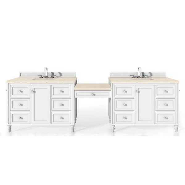 James Martin 301-V122-BW-DU-3EMR Copper Cove Encore 122 Inch Double Vanity Set in Bright White with Makeup Table and 3 CM Eternal Marfil Quartz Top