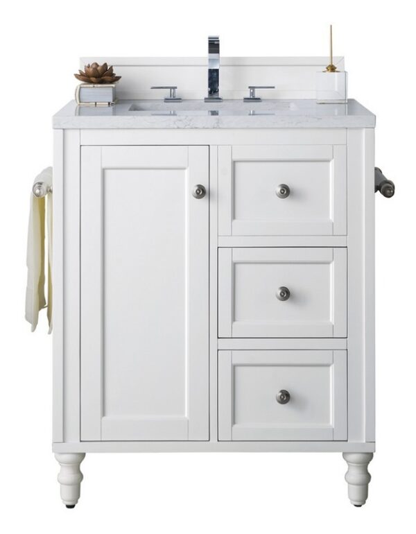 James Martin 301-V30-BW-3AF Copper Cove Encore 30 Inch Single Vanity in Bright White with 3 cm Arctic Fall Solid Surface Top