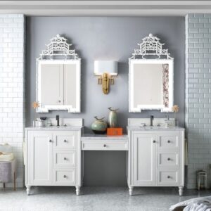 James Martin 301-V86-BW-DU-3CAR Copper Cove Encore 90 Inch Double Vanity Set in Bright White with Makeup Table with 3 cm Carrara Marble Top