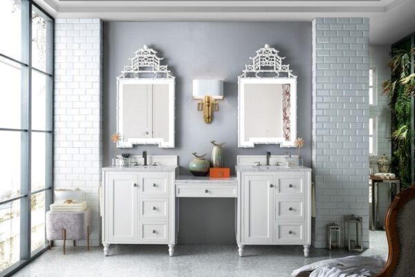 James Martin 301-V86-BW-DU-3CAR Copper Cove Encore 90 Inch Double Vanity Set in Bright White with Makeup Table with 3 cm Carrara Marble Top