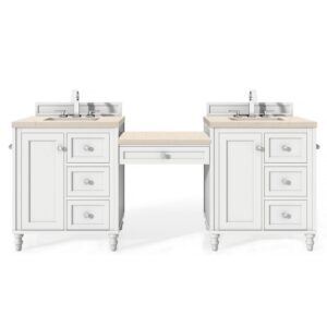 James Martin 301-V86-BW-DU-3EMR Copper Cove Encore 86 Inch Double Vanity Set in Bright White with Makeup Table and 3 CM Eternal Marfil Quartz Top