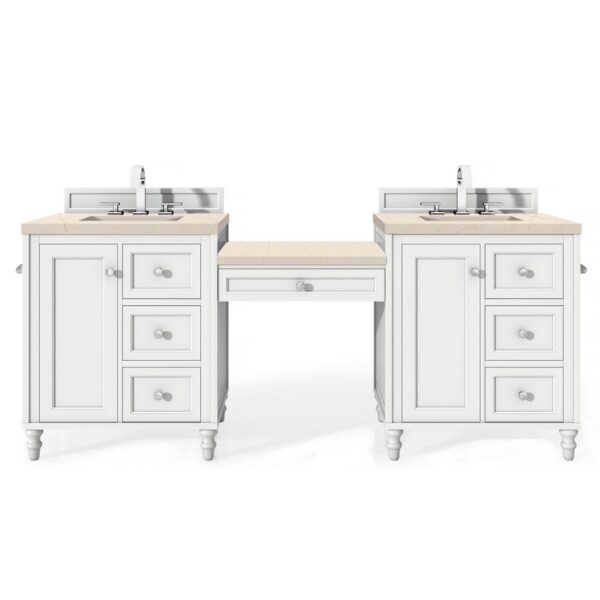 James Martin 301-V86-BW-DU-3EMR Copper Cove Encore 86 Inch Double Vanity Set in Bright White with Makeup Table and 3 CM Eternal Marfil Quartz Top