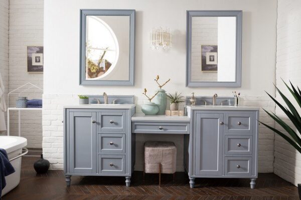 James Martin 301-V86-SL-DU-3CAR Copper Cove Encore 90 Inch Double Vanity Set in Silver Gray with Makeup Table with 3 cm Carrara Marble Top