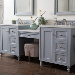 James Martin 301-V86-SL-DU-3CAR Copper Cove Encore 90 Inch Double Vanity Set in Silver Gray with Makeup Table with 3 cm Carrara Marble Top