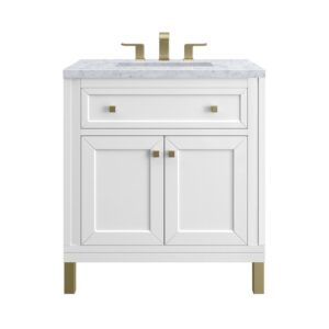 James Martin 305-V30-GW-3CAR Chicago 30 Inch Glossy White Single Sink Vanity with 3 cm Carrara Marble Top