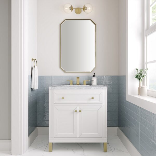 James Martin 305-V30-GW-3CAR Chicago 30 Inch Glossy White Single Sink Vanity with 3 cm Carrara Marble Top