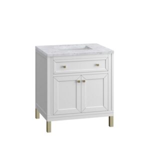 James Martin 305-V30-GW-3CAR Chicago 30 Inch Glossy White Single Sink Vanity with 3 cm Carrara Marble Top