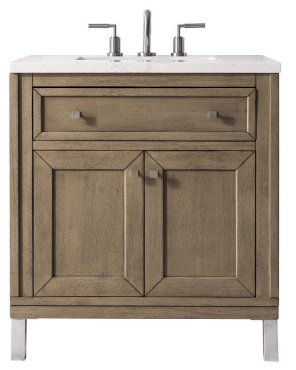 James Martin 305-V30-WWW-3CAR Chicago 30 Inch Single Vanity in Whitewashed Walnut with 3 cm Carrara Marble Top