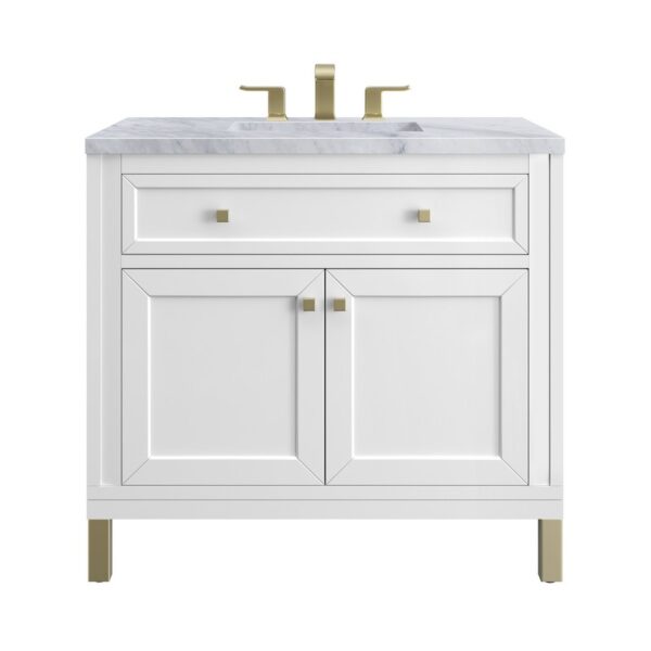 James Martin 305-V36-GW-3CAR Chicago 36 Inch Glossy White Single Sink Vanity with 3 cm Carrara Marble Top