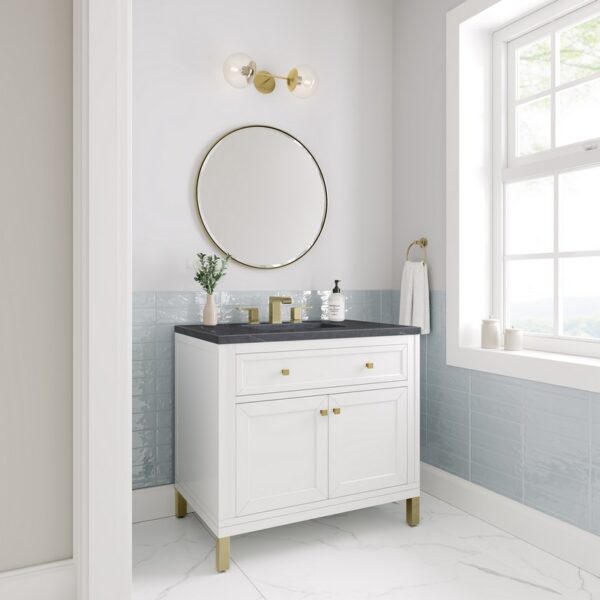 James Martin 305-V36-GW-3CSP Chicago 36 Inch Glossy White Single Sink Vanity with 3 cm Charcoal Soapstone Top