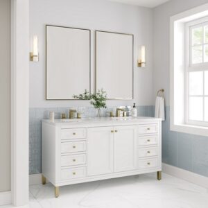 James Martin 305-V60D-GW-3AF Chicago 60 Inch Glossy White Double Sink Vanity with 3 cm Arctic Fall Top