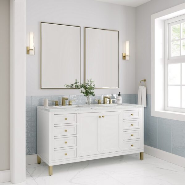 James Martin 305-V60D-GW-3ENC Chicago 60 Inch Glossy White Double Sink Vanity with 3 cm Ethereal Noctis Top