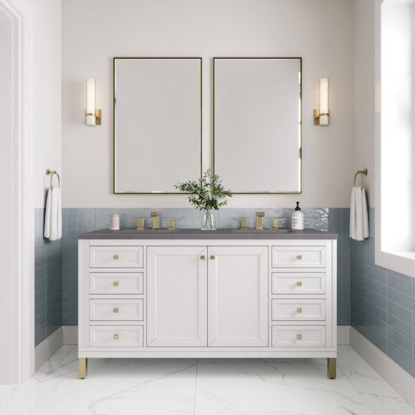 James Martin 305-V60D-GW-3GEX Chicago 60 Inch Glossy White Double Sink Vanity with 3 cm Grey Expo Top