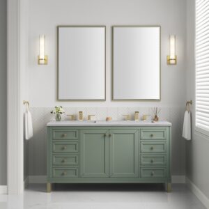 James Martin 305-V60D-SC-3AF Chicago 60 Inch Smokey Celadon Double Sink Vanity with 3 cm Arctic Fall Top