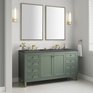 James Martin 305-V60D-SC-3CSP Chicago 60 Inch Smokey Celadon Double Sink Vanity with 3 cm Charcoal Soapstone Top