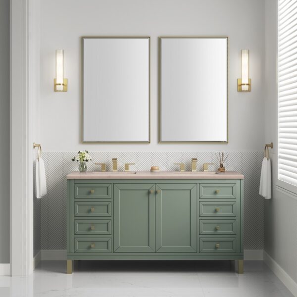 James Martin 305-V60D-SC-3EMR Chicago 60 Inch Smokey Celadon Double Sink Vanity with 3 cm Eternal Marfil Top