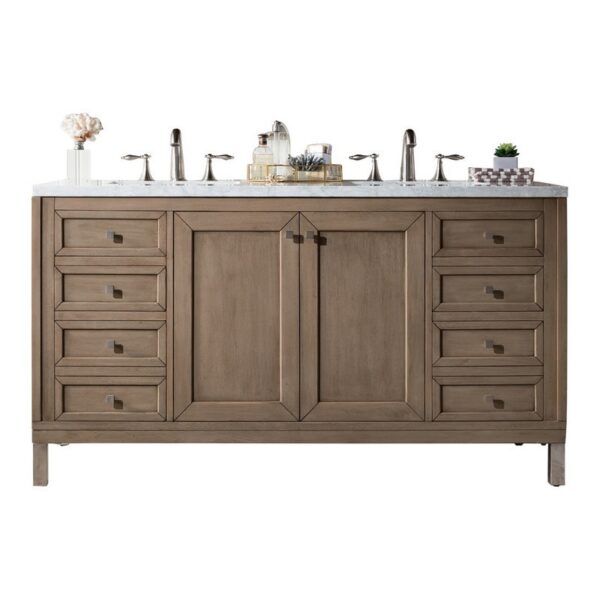 James Martin 305-V60D-WWW-3AF Chicago 60 Inch Whitewashed Walnut Double Vanity with 3 cm Arctic Fall Solid Surface Top