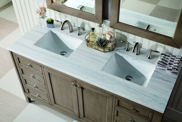 James Martin 305-V60D-WWW-3AF Chicago 60 Inch Whitewashed Walnut Double Vanity with 3 cm Arctic Fall Solid Surface Top