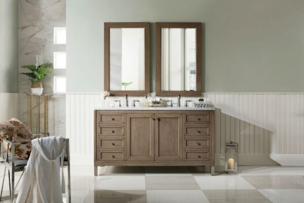 James Martin 305-V60D-WWW-3CAR Chicago 60 Inch Whitewashed Walnut Double Vanity with 3 cm Carrara Marble Top