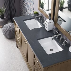 James Martin 305-V60D-WWW-3CSP Chicago 60 Inch Double Vanity in Whitewashed Walnut with 3 cm Charcoal Soapstone Quartz Top with Sink