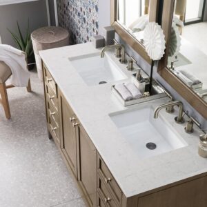 James Martin 305-V60D-WWW-3EJP Chicago 60 Inch Double Vanity in Whitewashed Walnut with 3 cm Eternal Jasmine Pearl Quartz Top with Sink