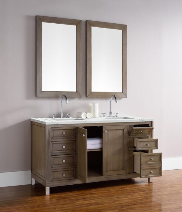 James Martin 305-V60D-WWW-3ENC Chicago 60 Inch Double Vanity Cabinet with Ethereal Noctis Quartz Top - Whitewashed Walnut