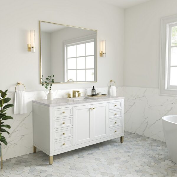 James Martin 305-V60S-GW-3EJP Chicago 60 Inch Glossy White Single Sink Vanity with 3 cm Eternal Jasmine Pearl Top