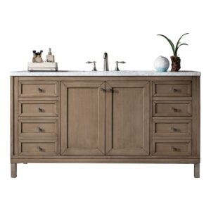 James Martin 305-V60S-WWW-3AF Chicago 60 Inch Whitewashed Walnut Single Vanity with 3 cm Arctic Fall Solid Surface Top