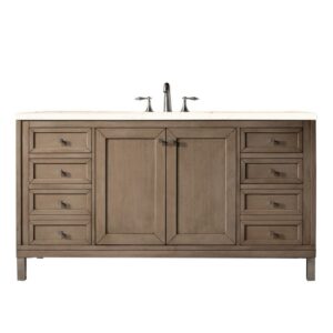 James Martin 305-V60S-WWW-3EMR Chicago 60 Inch Single Vanity Whitewashed Walnut with 3 CM Eternal Marfil Quartz Top