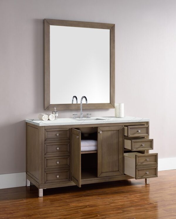 James Martin 305-V60S-WWW-3ENC Chicago 60 Inch Single Vanity Cabinet with Ethereal Noctis Quartz Top - Whitewashed Walnut