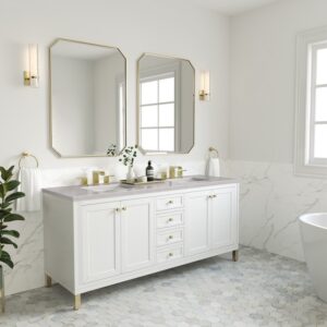 James Martin 305-V72-GW-3ESR Chicago 72 Inch Glossy White Double Sink Vanity with 3 cm Eternal Serena Top